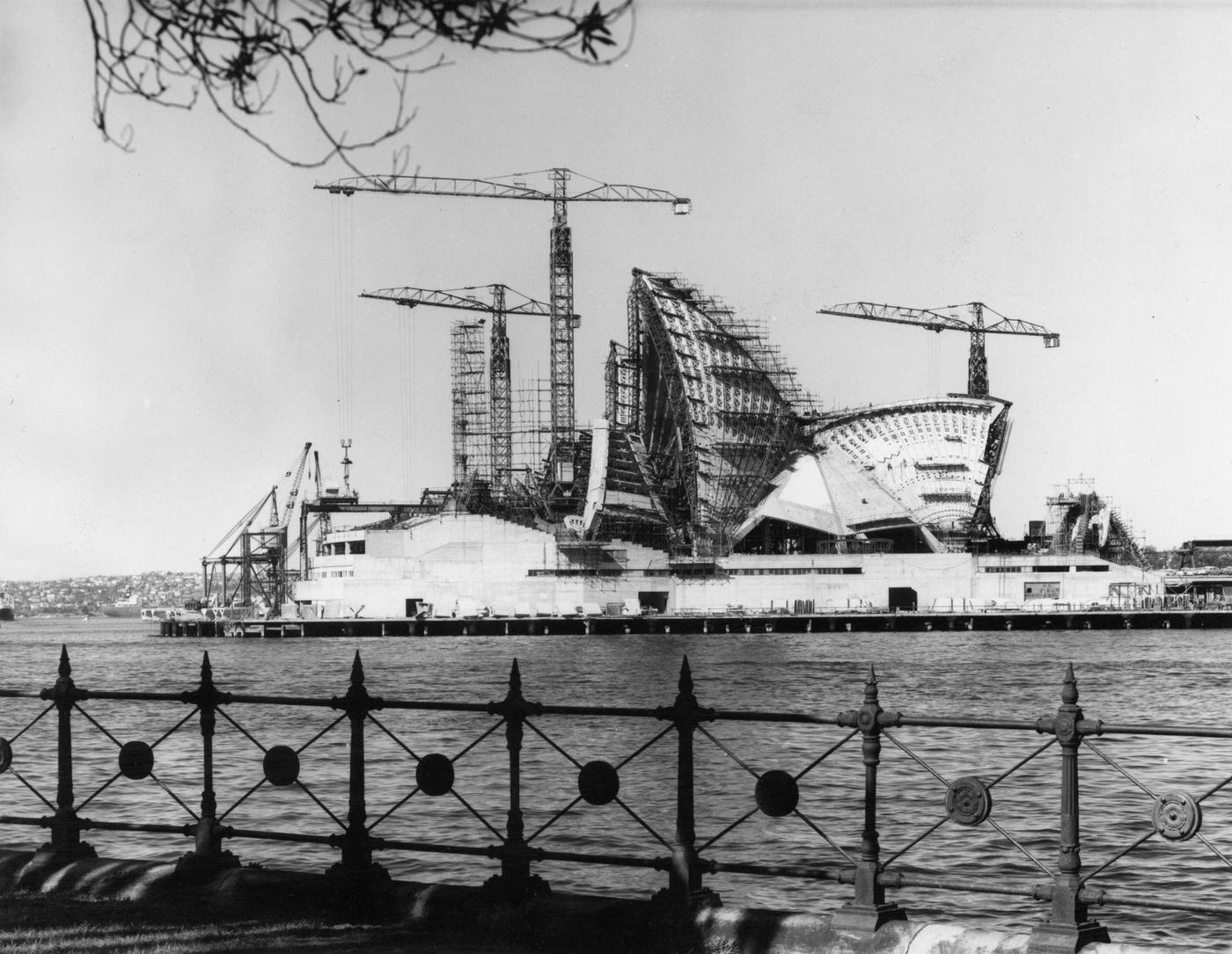 Construction of the shell-shaped roof of the new opera house in Sydney harbour, 1963