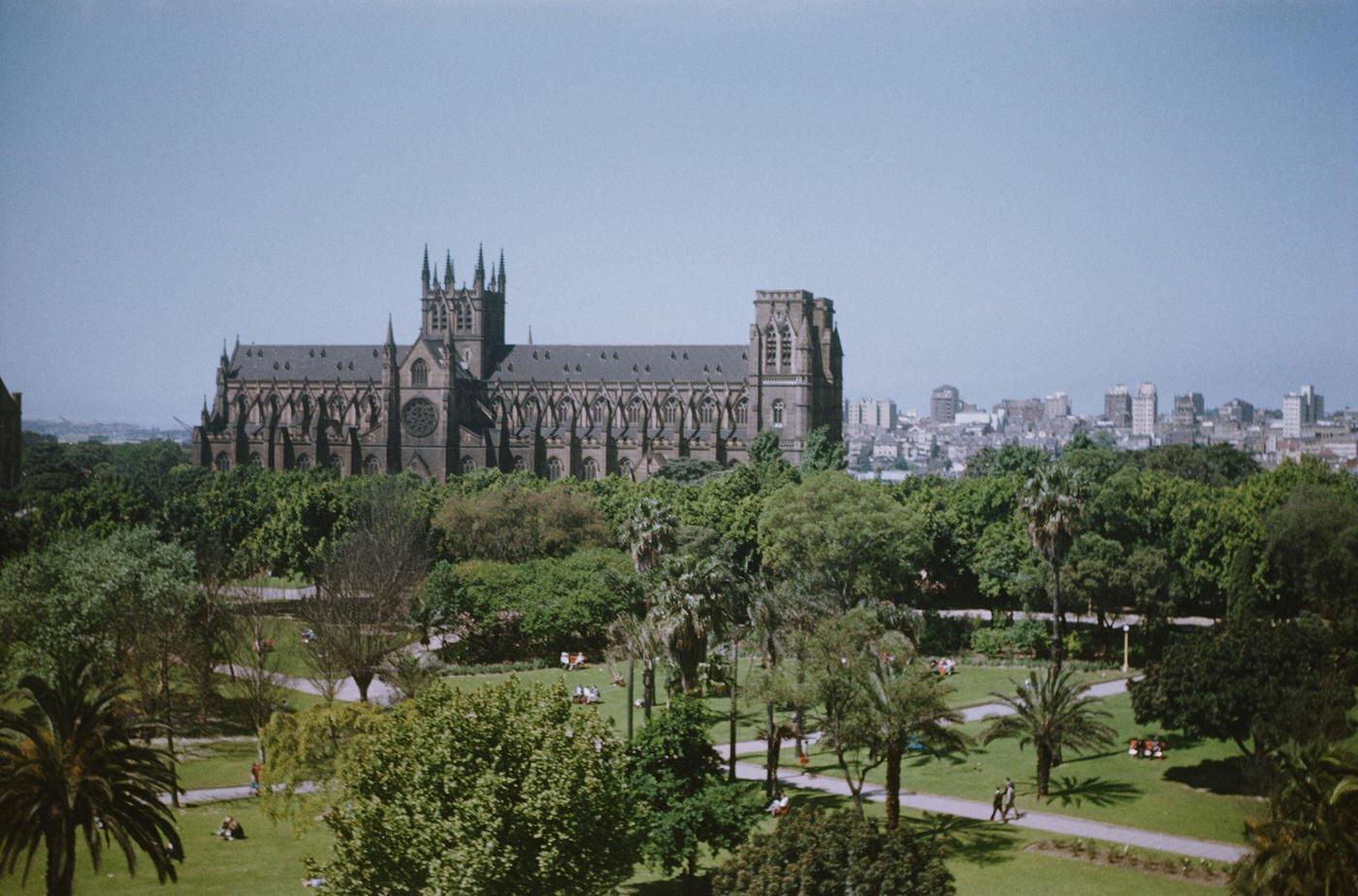 St Mary's Cathedral in Sydney, Australia, seen from Hyde Park, 1965.