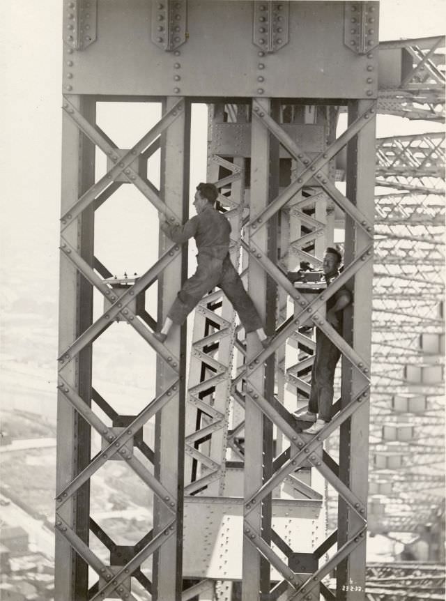 Taking strain measurements on post, February 23, 1932