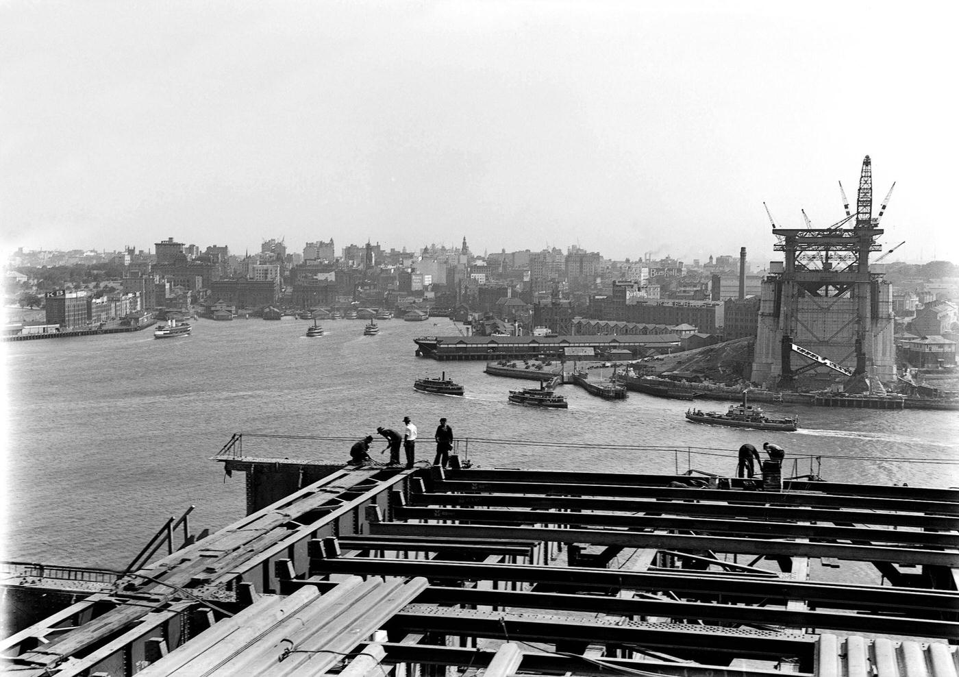 Looking across to Circular Quay from the North Pylon of the Sydney Harbour Bridge during its construction in the 1920s