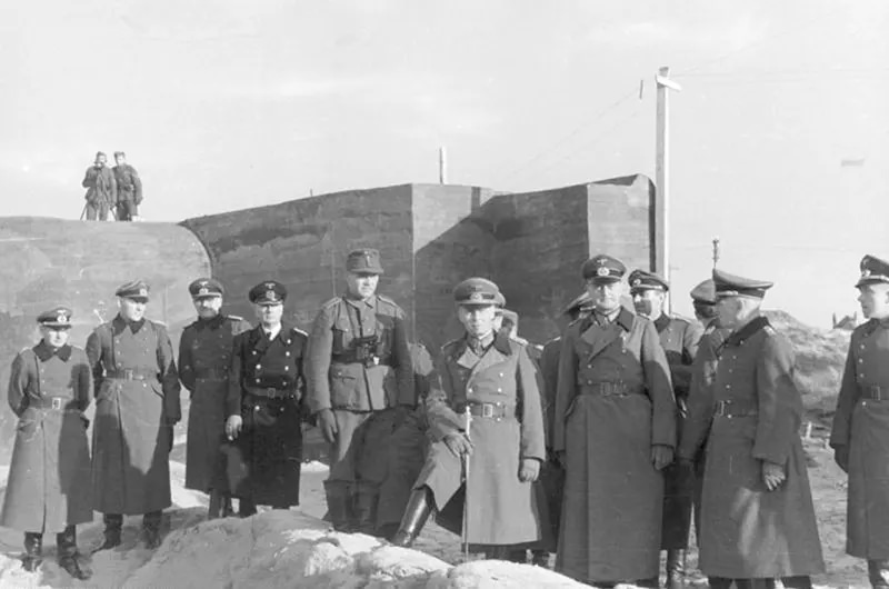 Field Marshal Erwin Rommel visiting the Atlantic Wall defences near the Belgian port of Ostend, part of the fortifications which today comprise the Atlantic Wall Open Air Museum at Raversijde