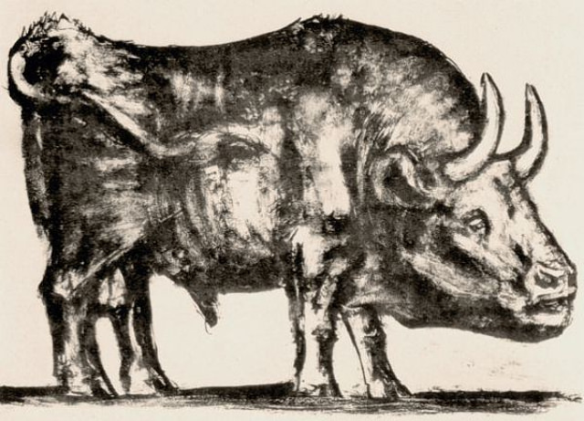 Plate 2: At the second stage of the lithograph, Picasso bulks up the form of the bull to increase its expressive power and achieve a more mythical presence.