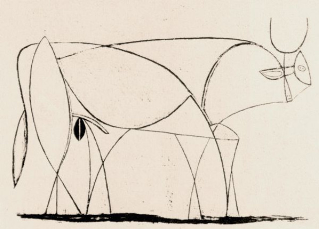 Plate 9: While continuing to have fun with the drawing of the head, Picasso now erases the remaining areas of tone and finally reduces the bull to a line drawing.