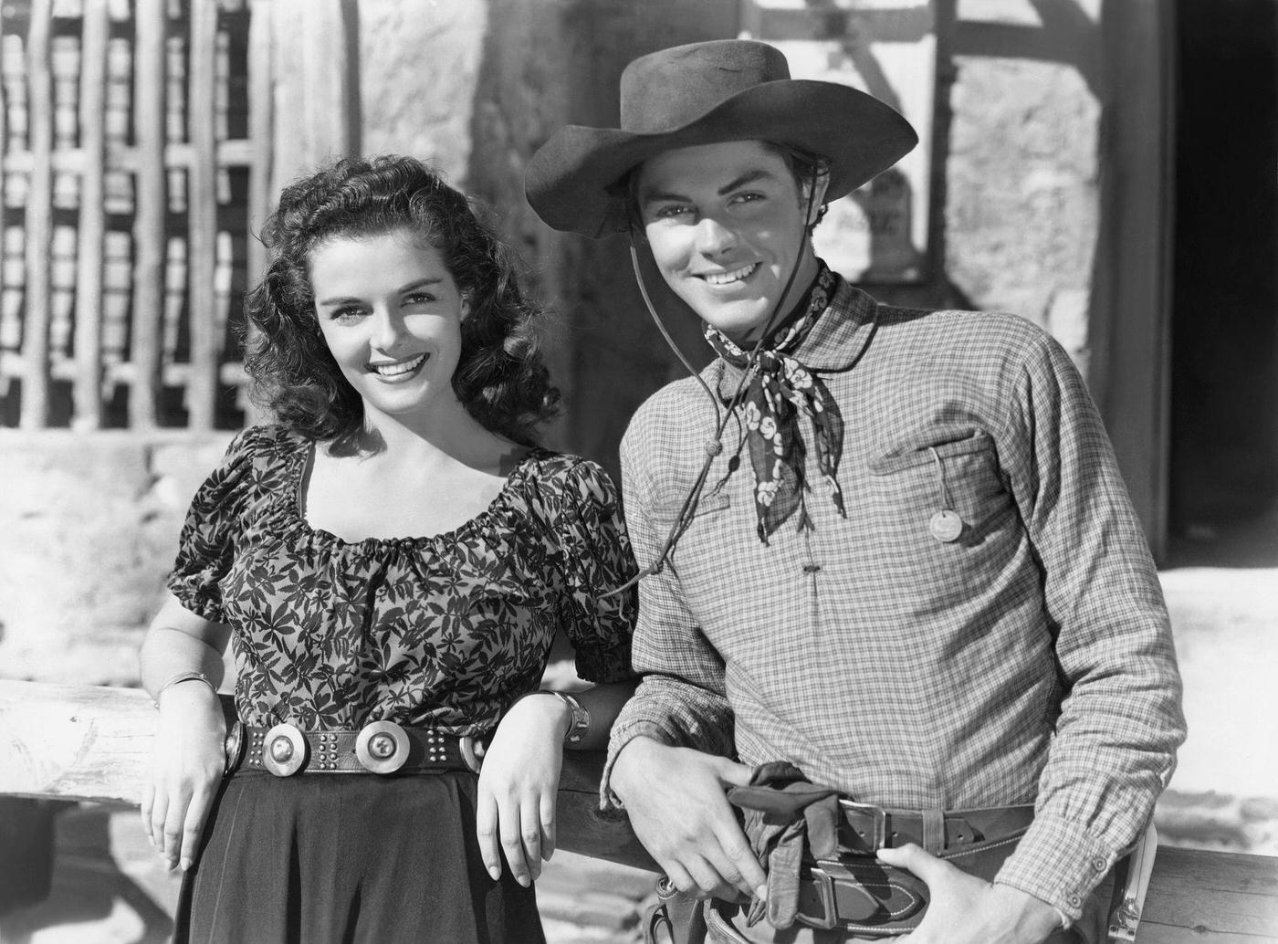 Jane Russell and Jack Buetel on the set of The Outlaw, 1943