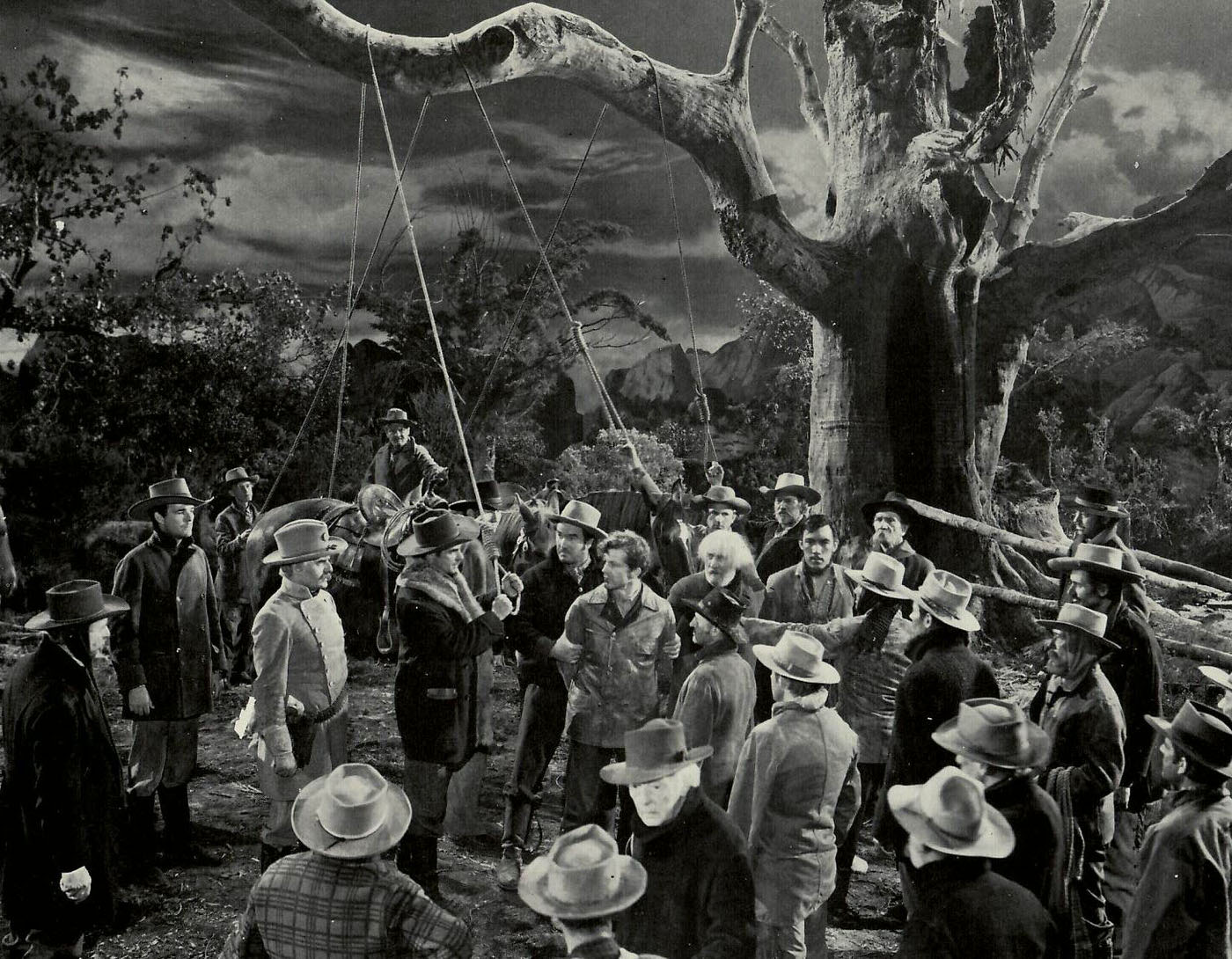 Anthony Quinn, Dana Andrews, Harry Davenport, Matt Briggs, Frank Conroy, William Eythe, Francis Ford, Paul Hurst, and Marc Lawrence in The Ox-Bow Incident (1942)