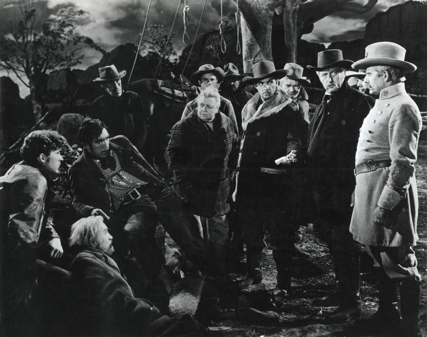 Anthony Quinn, Dana Andrews, Jane Darwell, Stanley Andrews, Frank Conroy, Francis Ford, Rondo Hatton, and Marc Lawrence in The Ox-Bow Incident (1942)