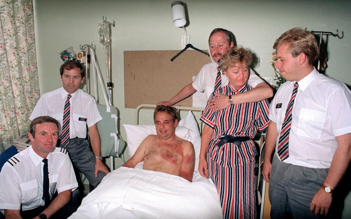 Crew of flight 5390: Captain Tim Lancaster surrounded by crew, from left, Alistair Atchison, John Howard, Nigel Ogden, Susan Prince and Simon Rogers.