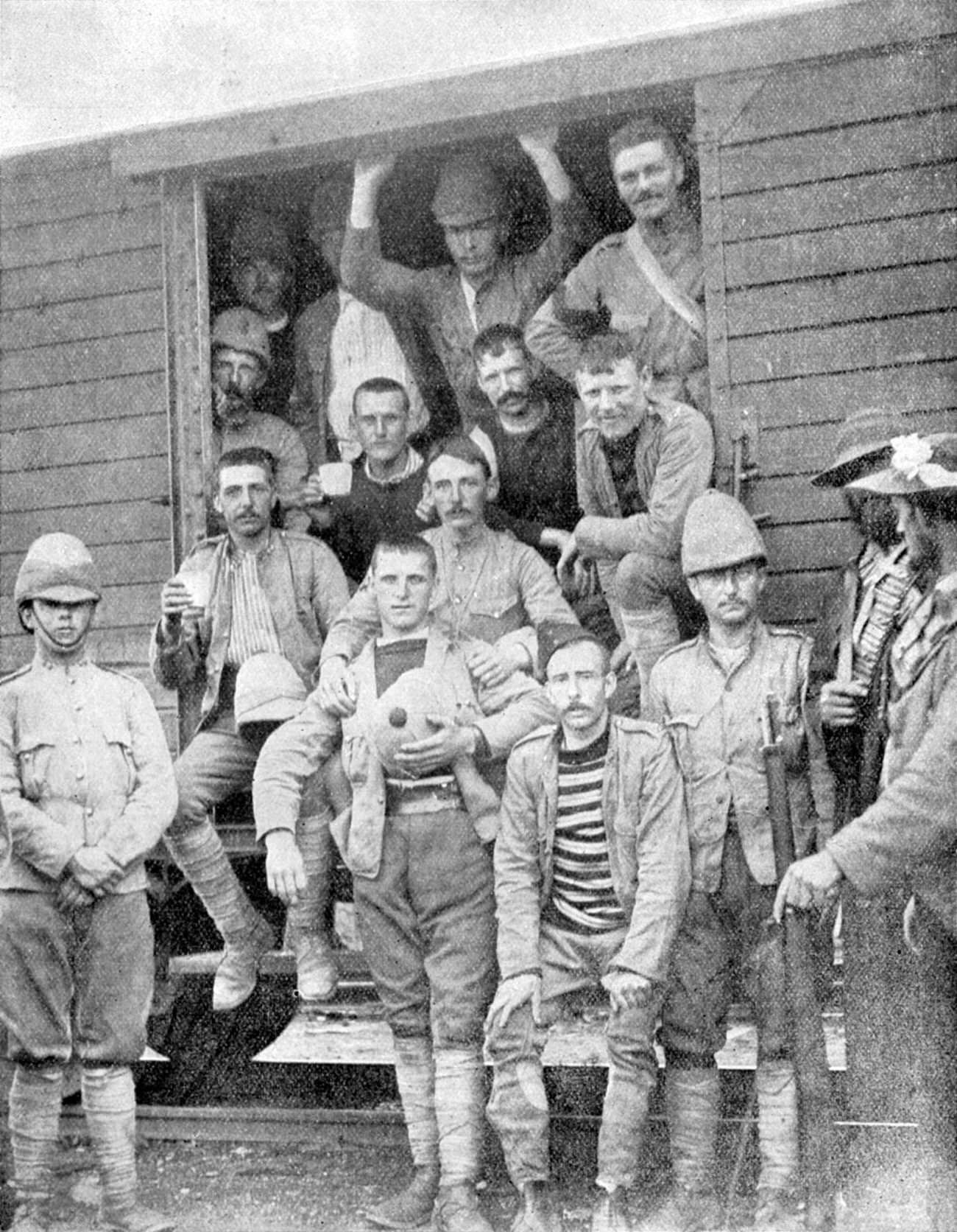 Soldiers of the 18th Hussars on the train to Pretoria, South Africa, Boer War, 1900.