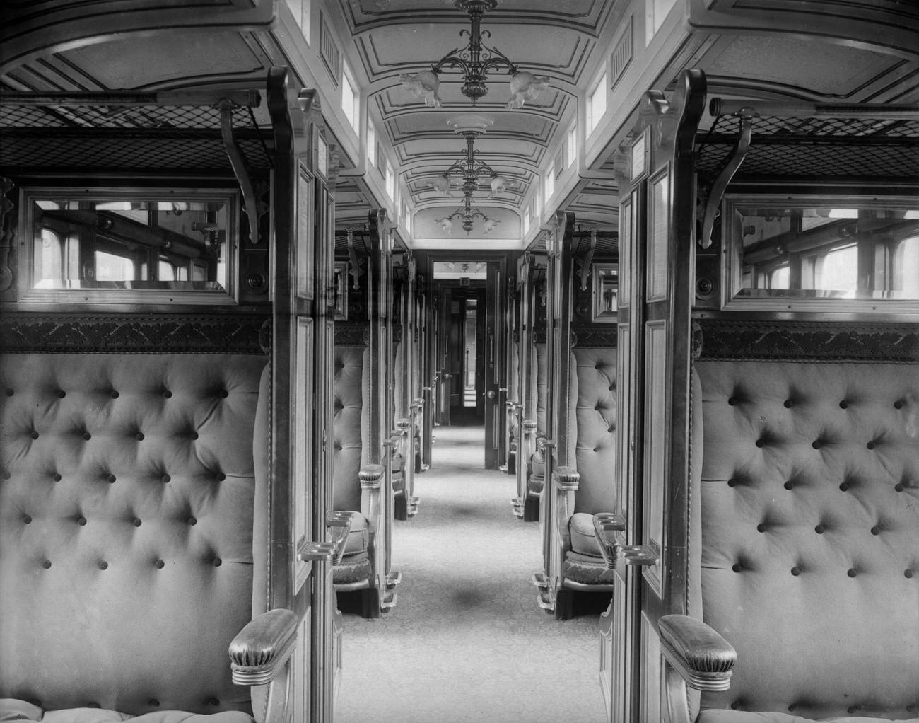 Interior of a Great Western Railway's buffet saloon car.