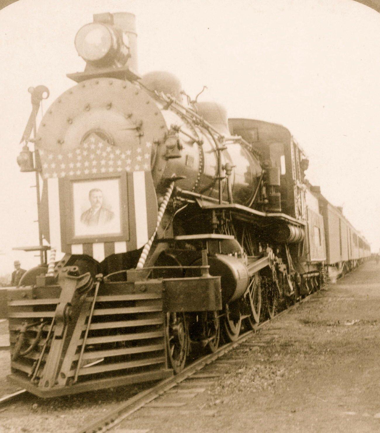 Teddy Roosevelt Campaign Train Locomotive with his Image as an escutcheon on face of the Engine