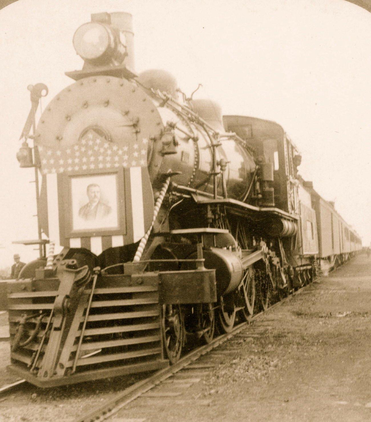 Teddy Roosevelt Campaign Train Locomotive with his Image as an escutcheon on face of the Engine