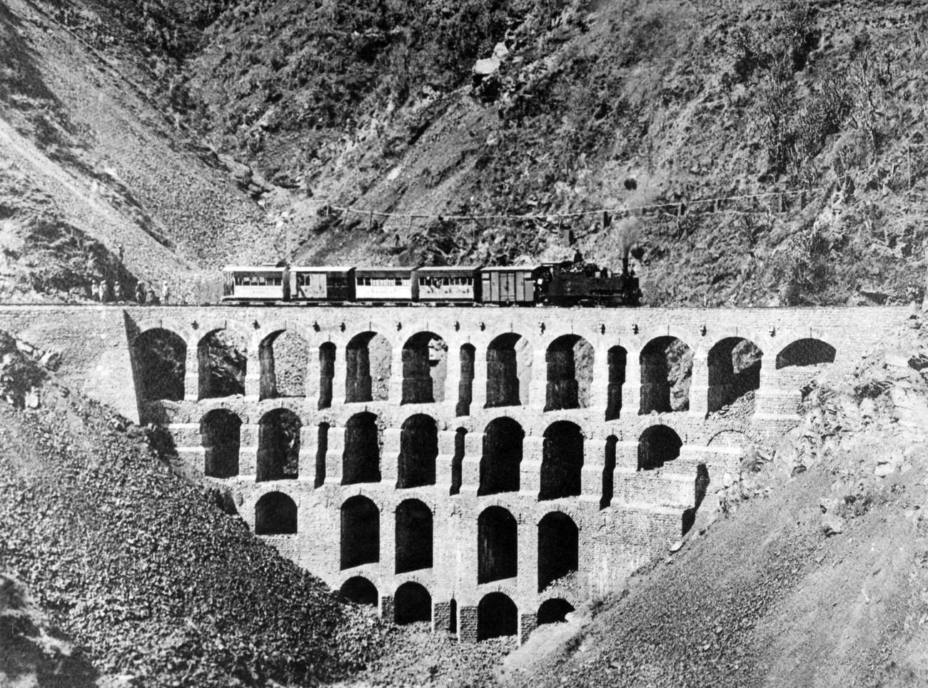 A remarkable bridge known as a "Gallery" on the Kalka-Simla Railway.