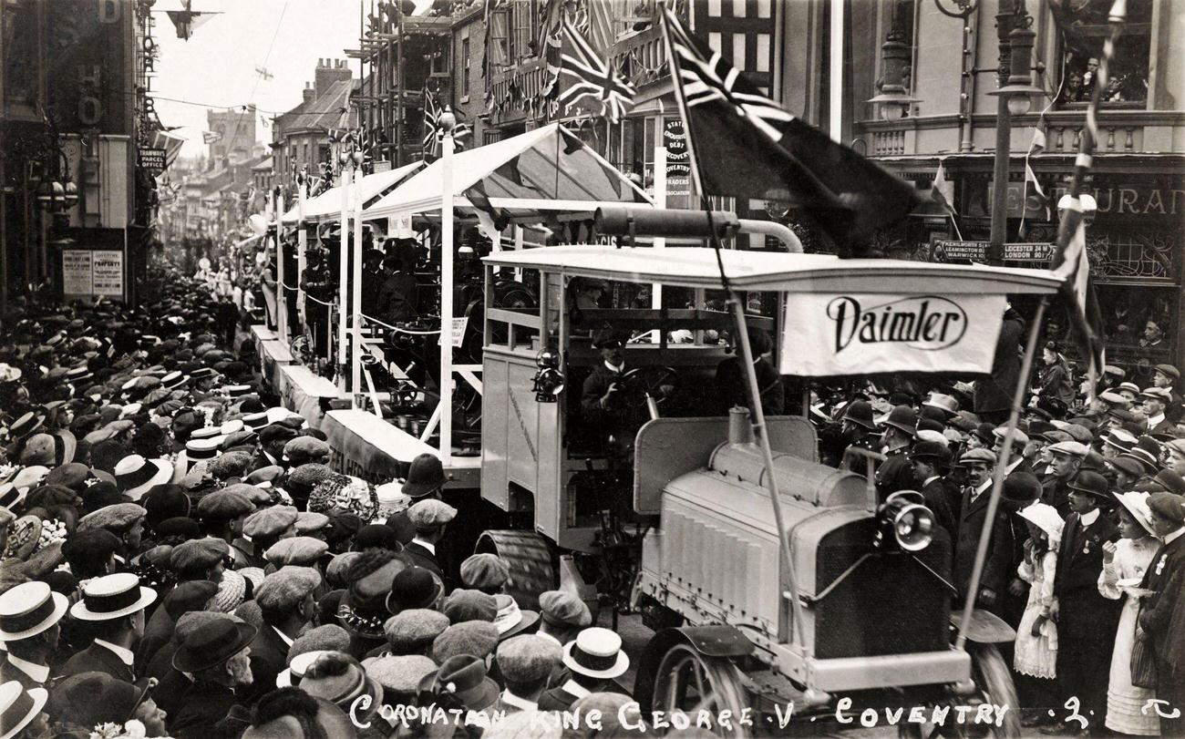 The Daimler motor train, part of the celebrations for the coronation of George V, in Coventry on 22nd June 1911.