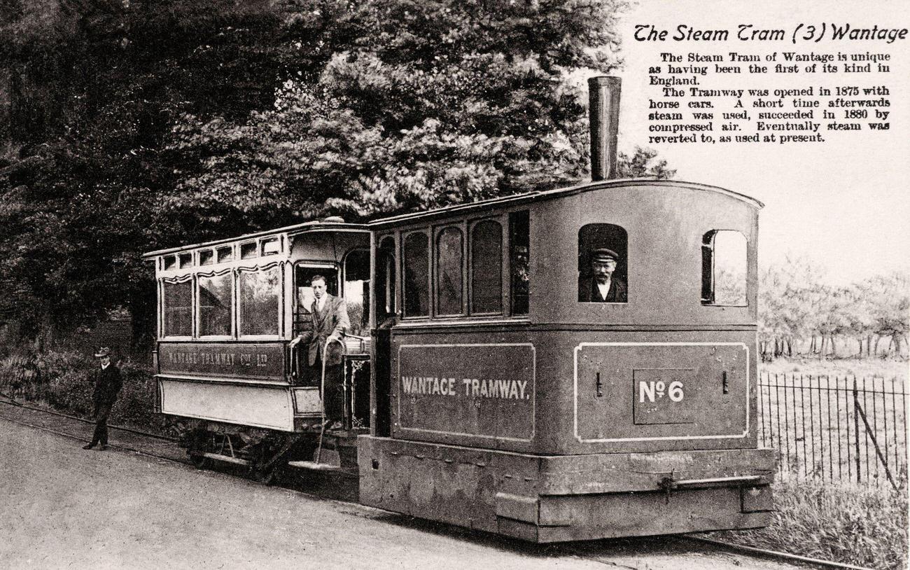 Driver and passengers on the Wantage Tramway steam train, 1910