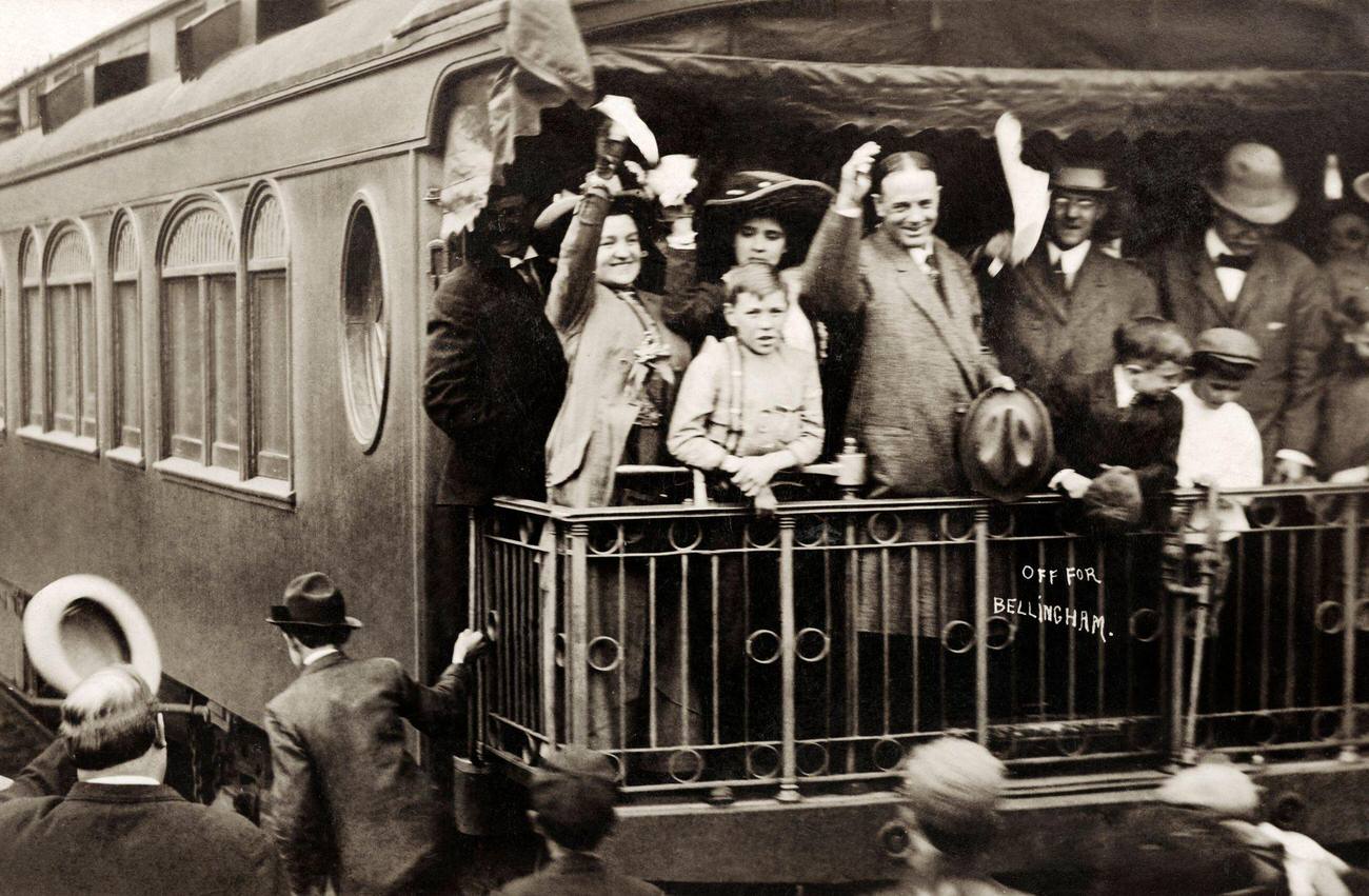 United States President Calvin Coolidge on a campaigning whistle-stop train tour in Washington state, 1923.