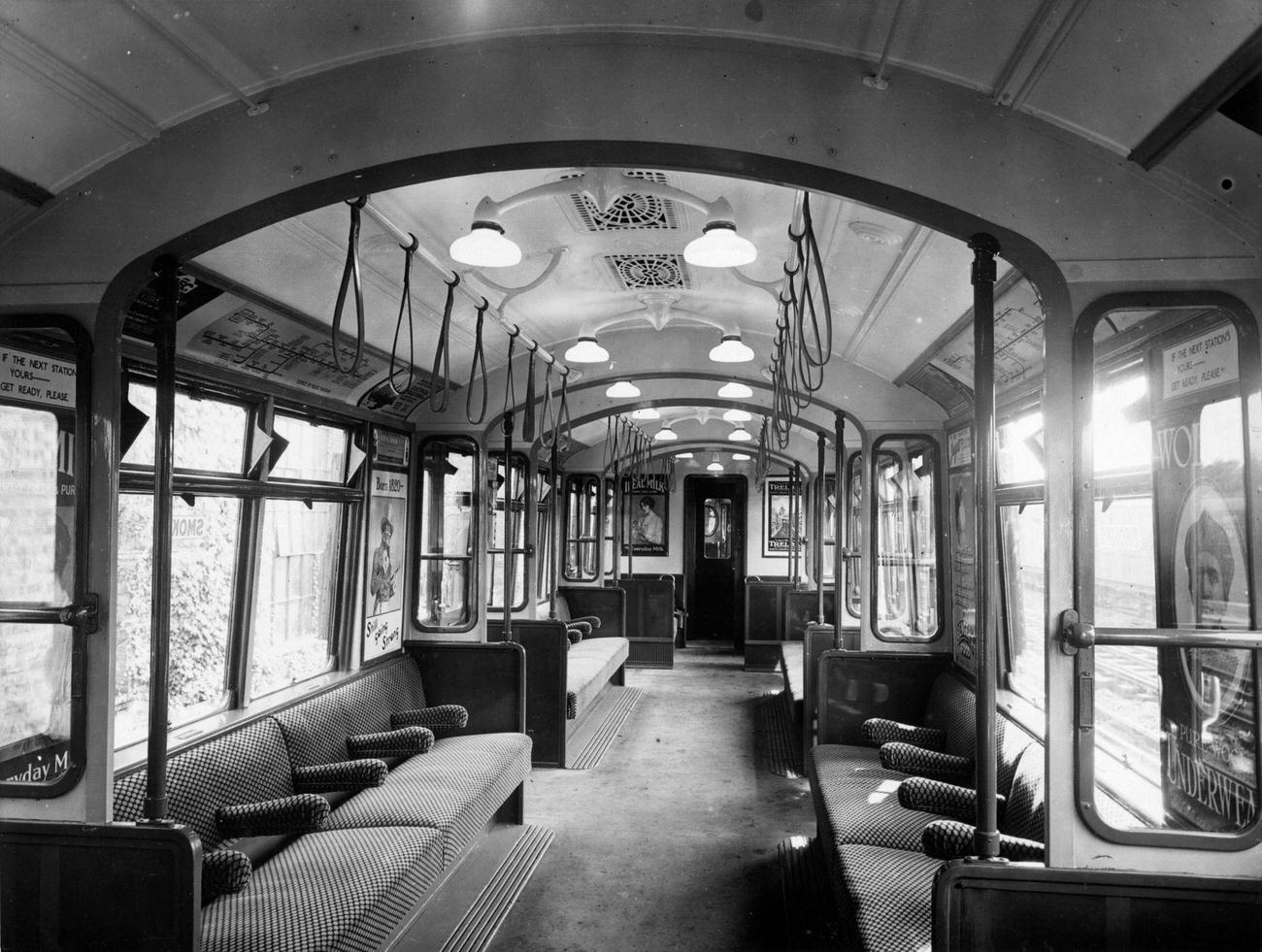 Interior of an all-steel London underground train.