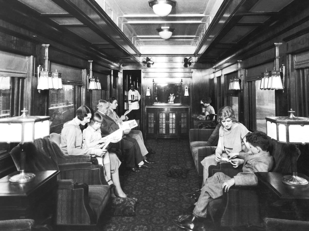 The observation and lounge car on Northern Pacific’s transcontinental U.S. railroad line, 1926.