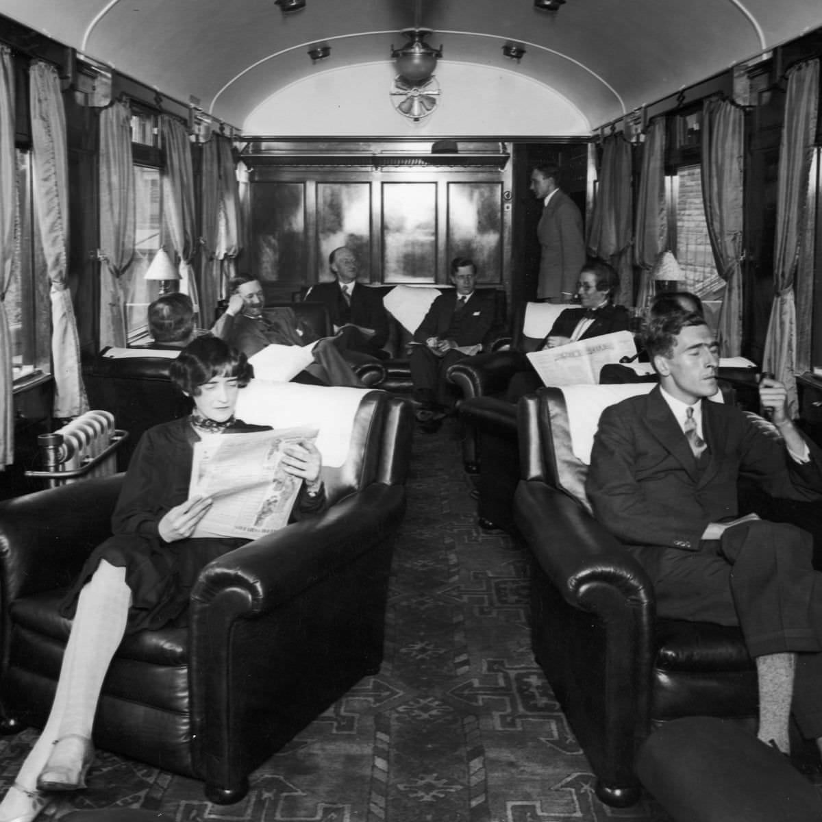 The luxurious first class lounge on board a London Midland and Scottish Royal Scot train, 1928.