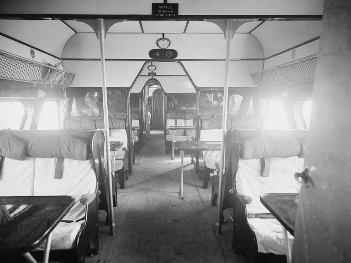 The interior of a carriage, circa 1934.