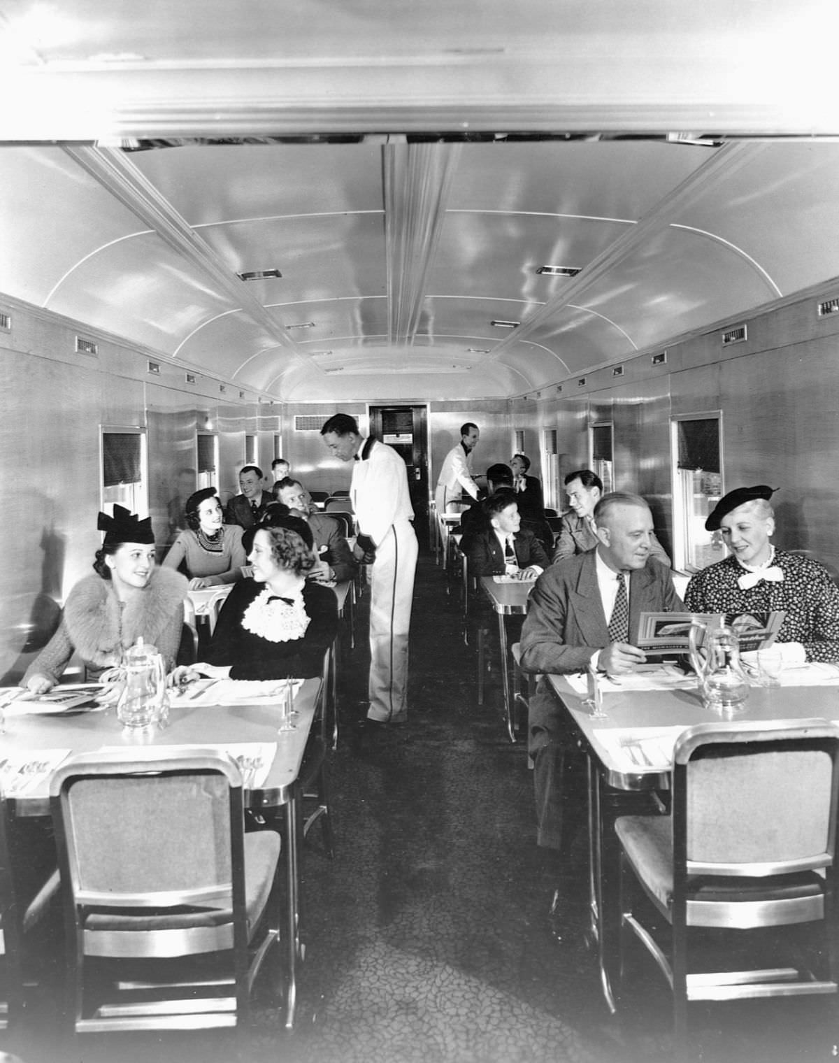 The dining car on the Chicago, Milwaukee, St. Paul and Pacific Railway Company’s Hiawatha line, which at the time of its debut was boasted as being “the largest single unit of any dining car in service,” 1935.