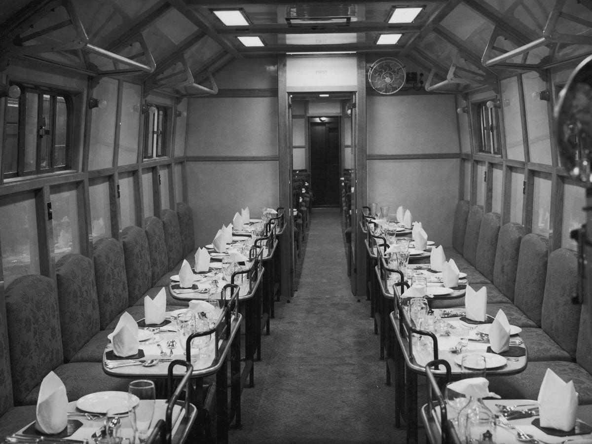 A new British Railways restaurant car at Waterloo Station in London in 1949.