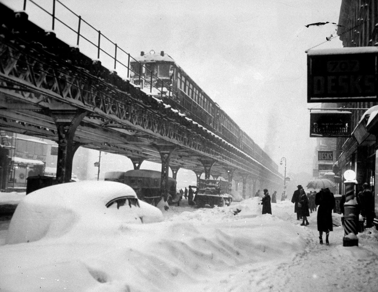 El train stalled on Third Ave. at 42nd St., after a snowstorm brought the city to a virtual standstill.