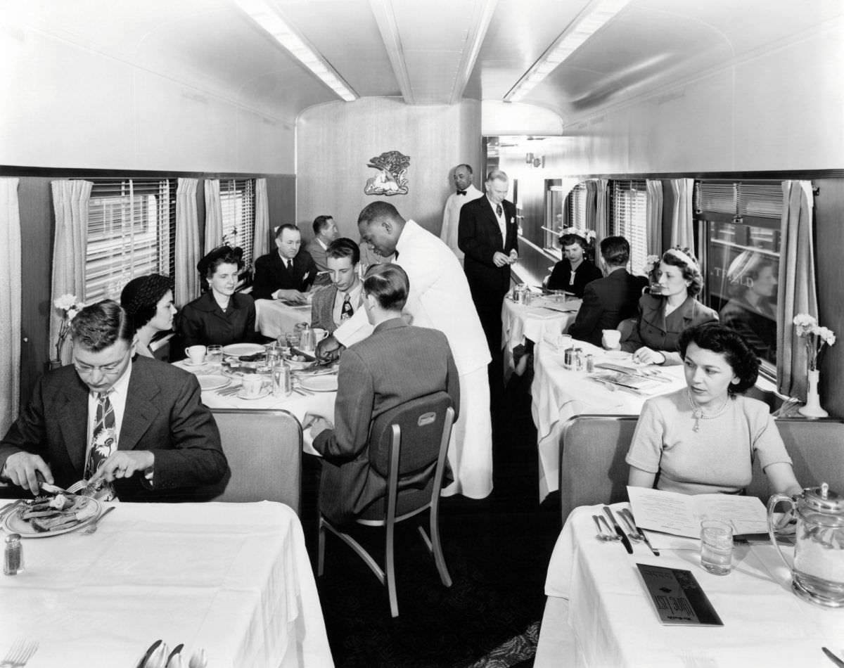 Passengers in the dining car on a Rio Grande streamliner train, early 1950s.
