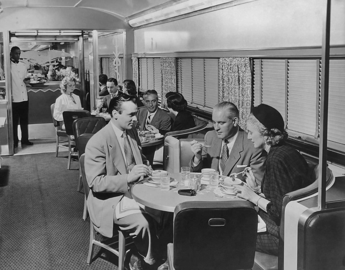 Passengers on the Pennsylvania Railroad restaurant car, 1952.