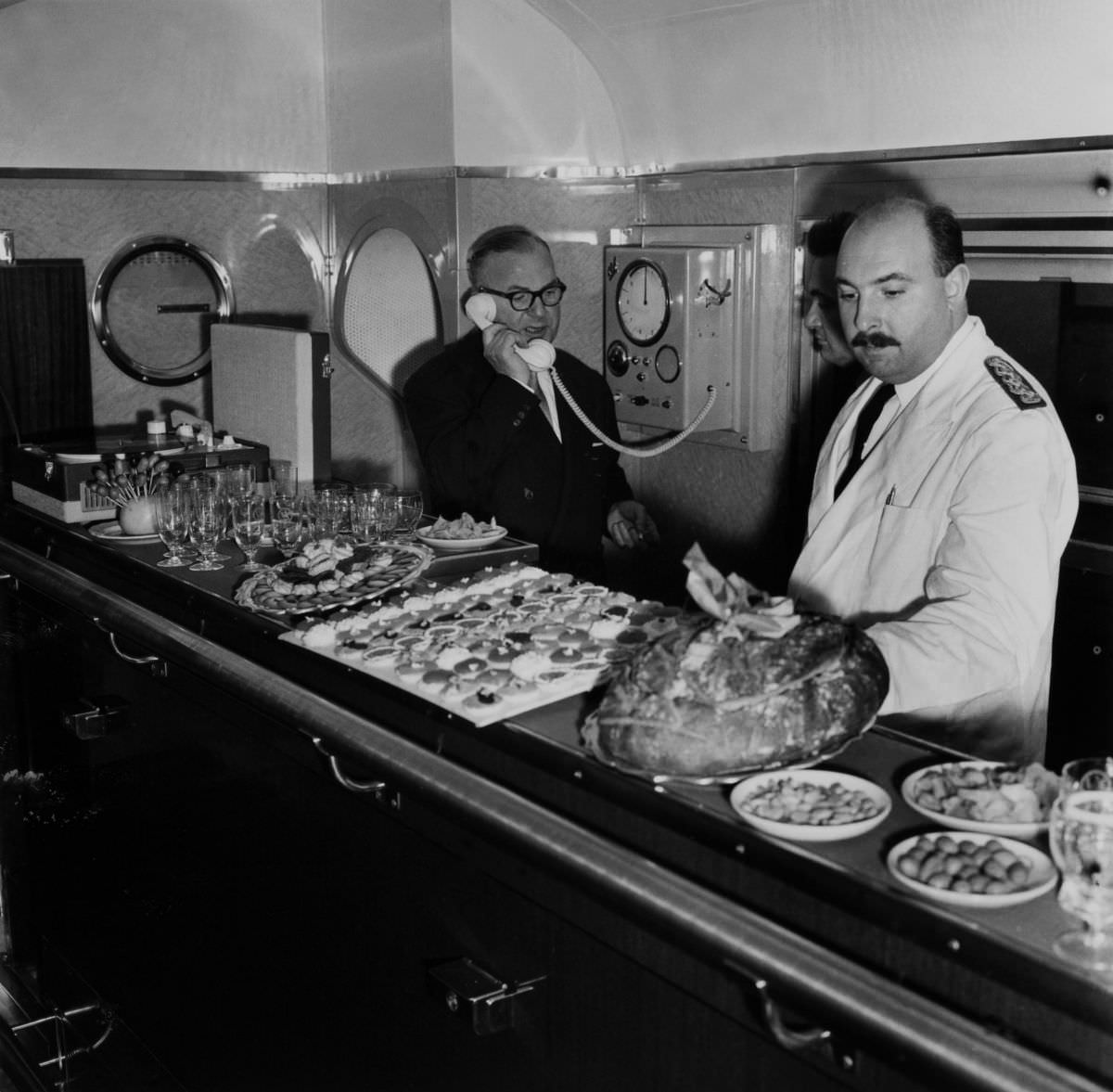 A new restaurant car was launched on the Paris-Lille railway in France, 1959.