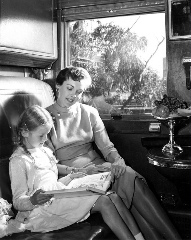 A woman and her daughter in a Blue Train compartment, 1950s