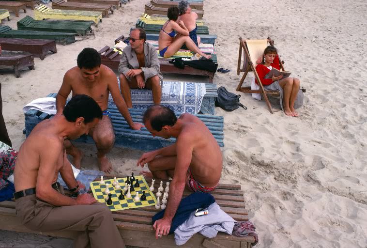 Beachgoers playing chess in Odessa.