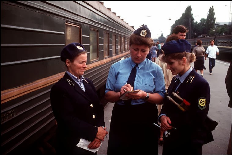 Conductors at a train station in Odessa.