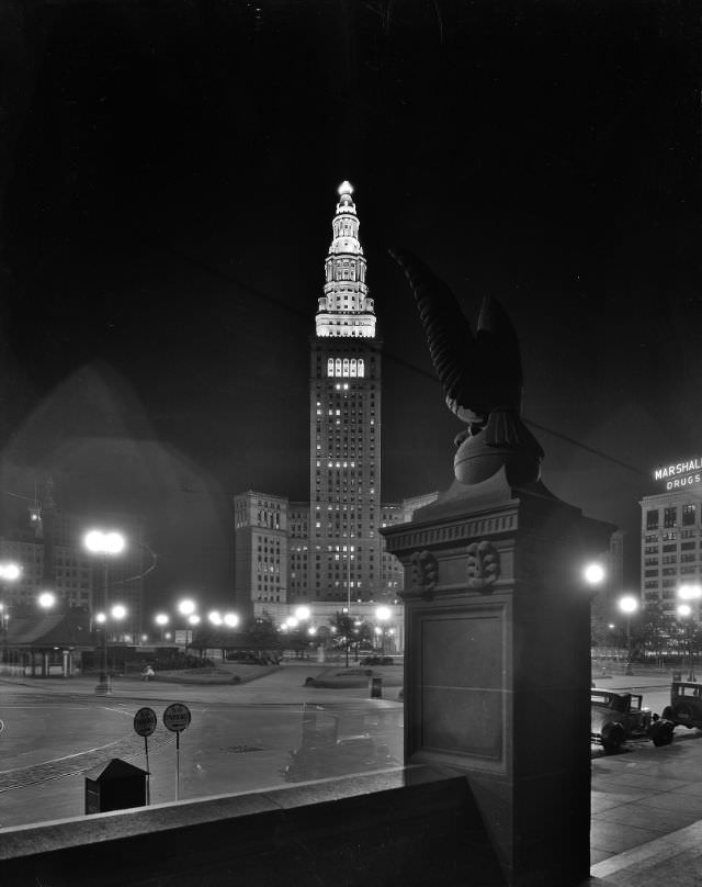 View of Terminal Tower at night, with eagle on right, Cleveland, Ohio, 1931