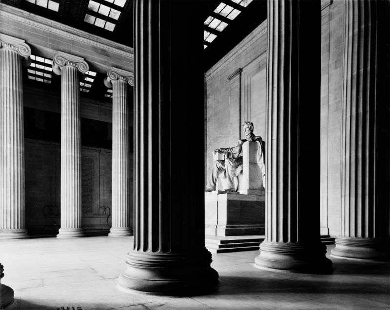 View of the Lincoln Memorial statue through columns, 1925