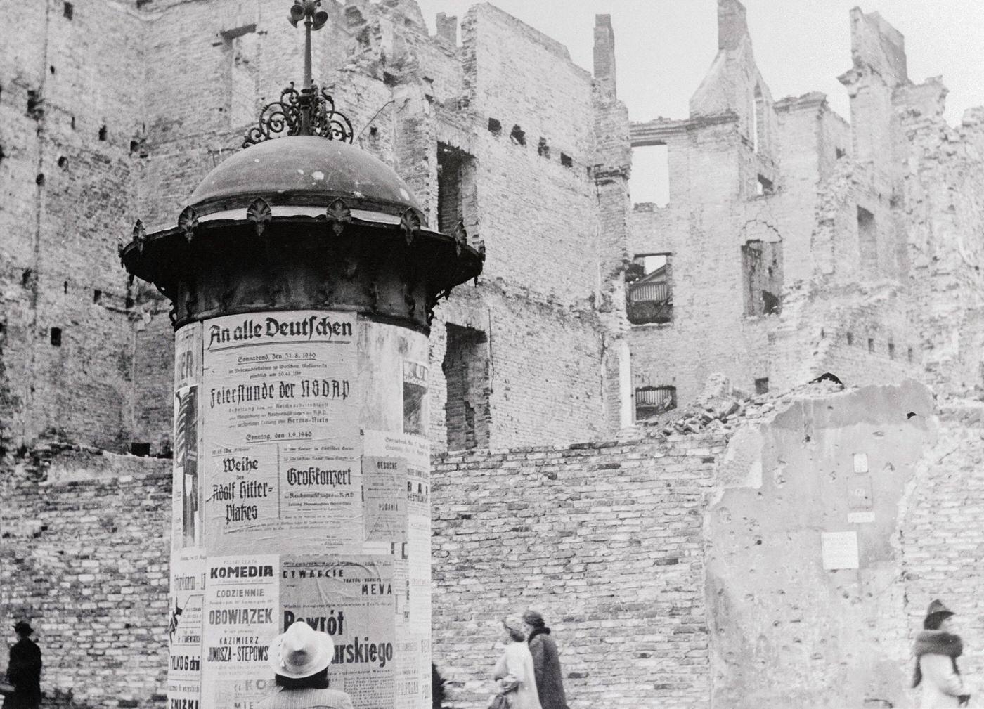 The "Poster" found among the ruins of Warsaw is written in German language and addressed to all Germans. It extends an invitation to a celebration organized by the Nazi party.