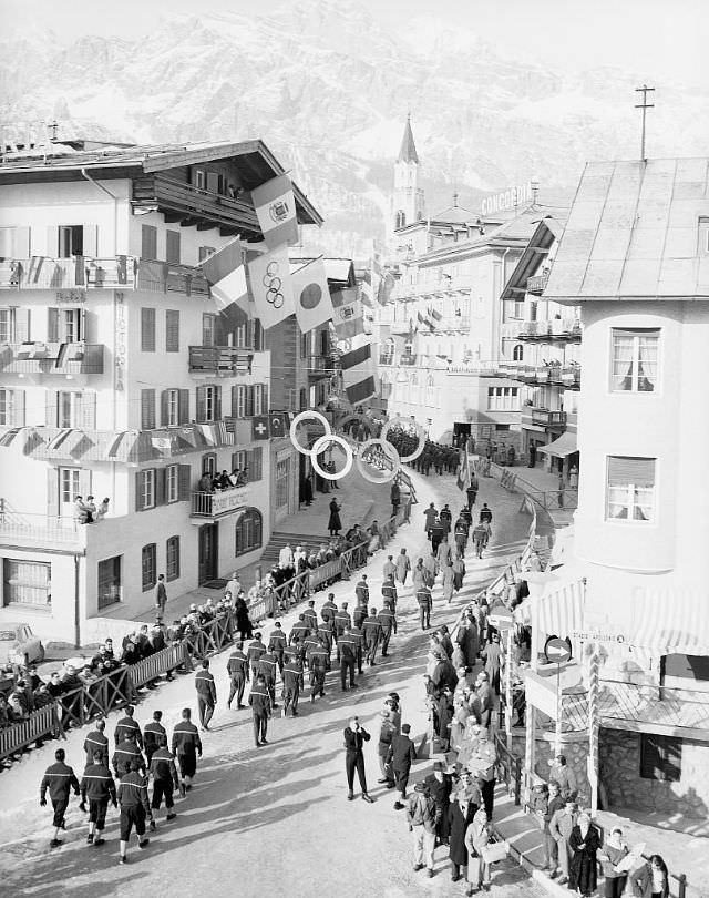 The French team heading to the Ice Stadium for the opening ceremony of the 7th Olympic Winter Games, Cortina, 1956.