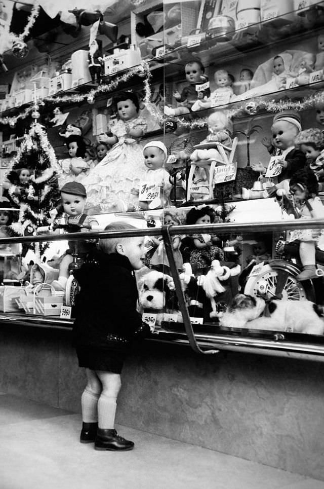 A little boy looking at a Christmas shop window display in Rome, 1957.