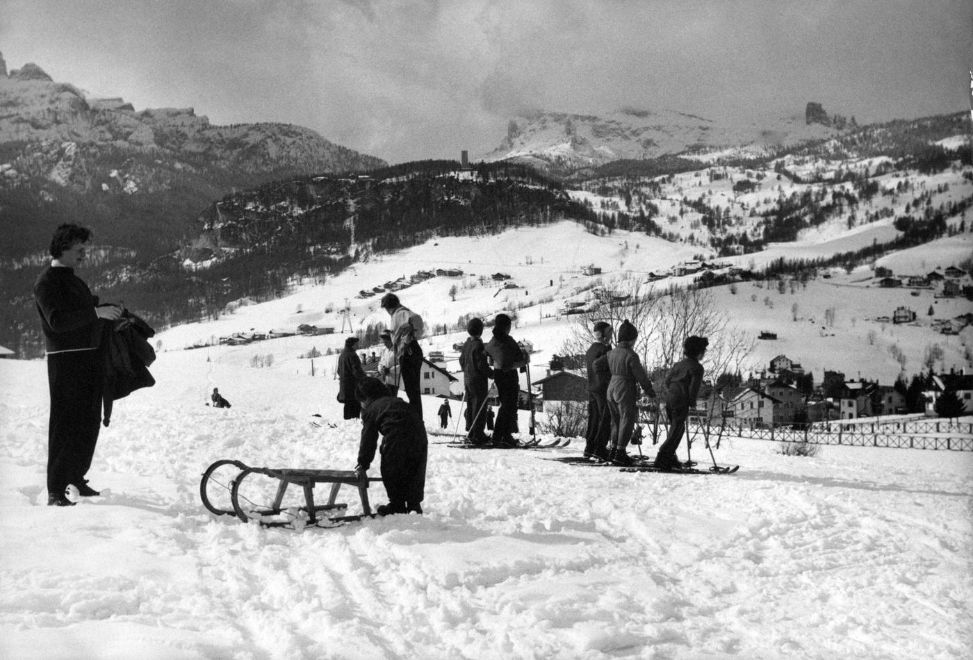 Some children learn to ski. Cortina d'Ampezzo, March 1954
