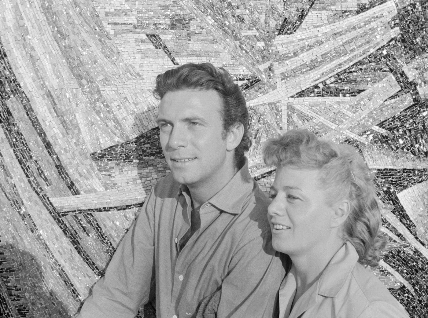 Shelley Winters (Shirley Schrift) and her husband and American actor Anthony Franciosa (Anthony George Papaleo, Jr.) beside a mosaic during the 19th Venice International Film Festival. Venice, August 1958