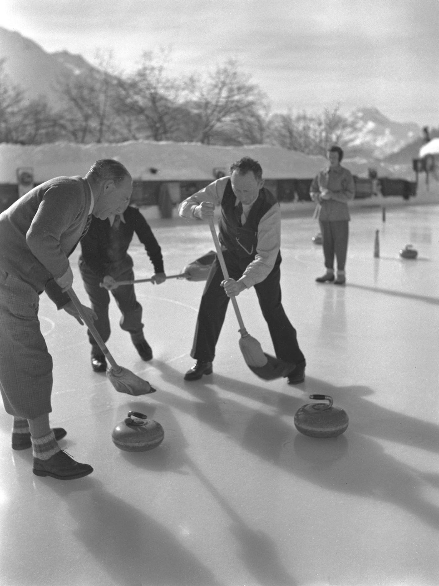 Curling Game on ice in St Moritz fot the Winter Olympics Games, 1950s.