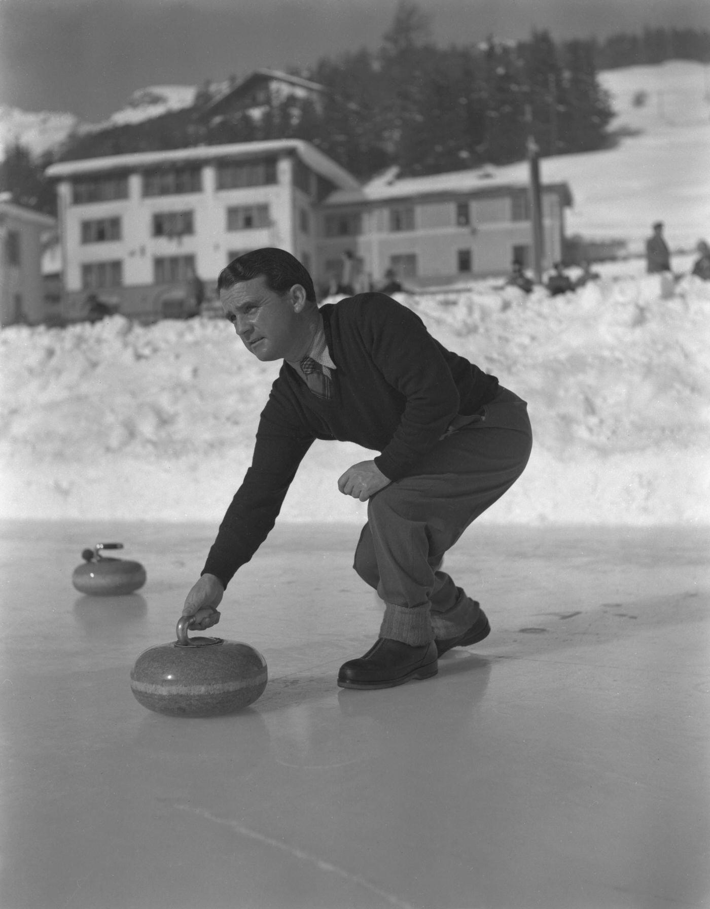 Curling Game on ice in St Moritz fot the Winter Olympics Games, 1950s.