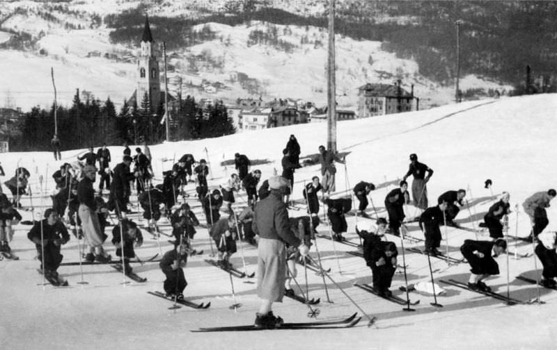 A ski class in Cortina, 1920s-30s.
