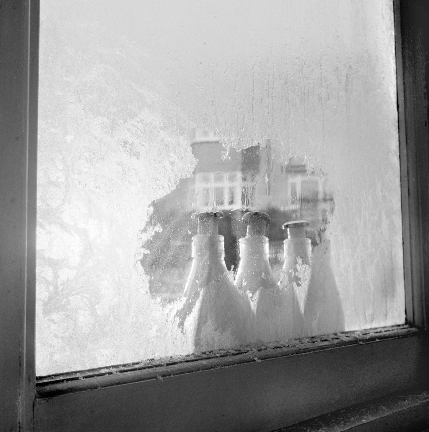 A row of three milk bottles standing outside a window with frozen milk pushing the caps off, 1960s