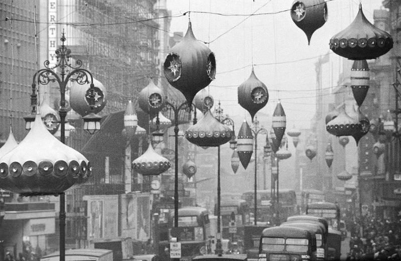 Christmas lights and decorations in Regent Street, London, 1961.