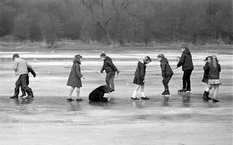 Children skating on the ice at Welch's Meadow, Leamington, 1969.