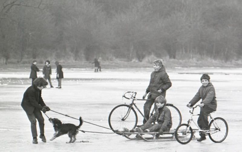 Children skating on the ice at Welch's Meadow, Leamington, 1969.
