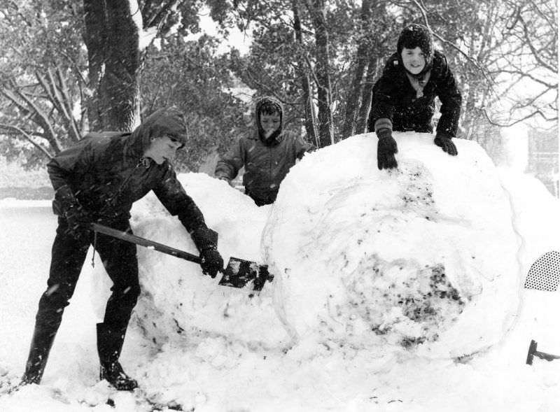 Three boys built their igloo at Roath Park, Cardiff, 1966.