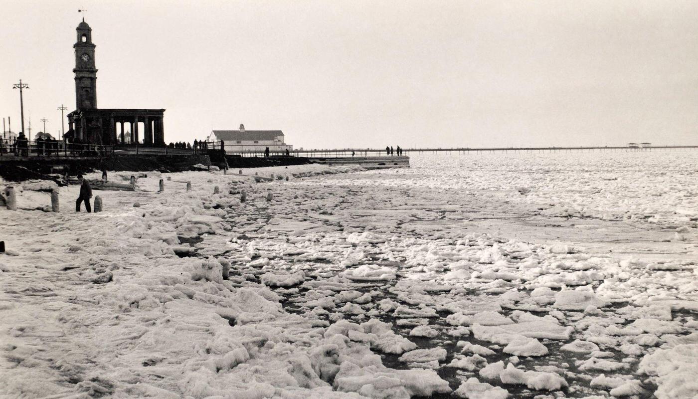 Severe winter weather has caused the sea to freeze at Herne Bay in Kent, 1963.