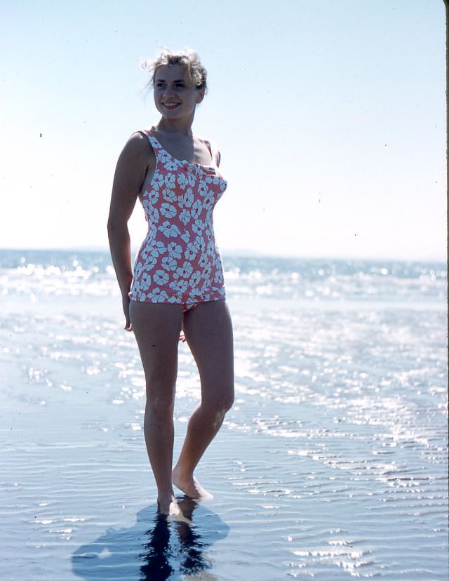 Arlene Smith, red and white swimsuit, about 1960