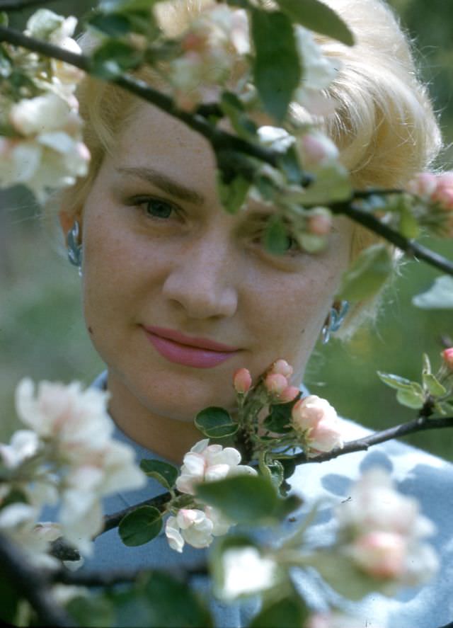 Arlene Smith, apple blossoms, about 1962